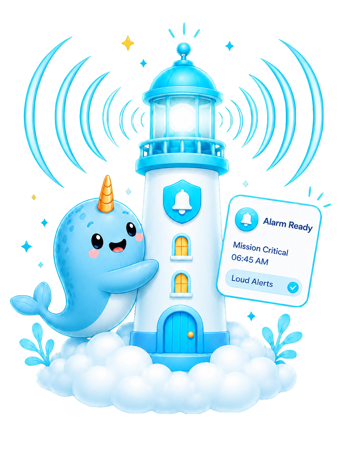 Nudgey beside a lighthouse alarm reminder